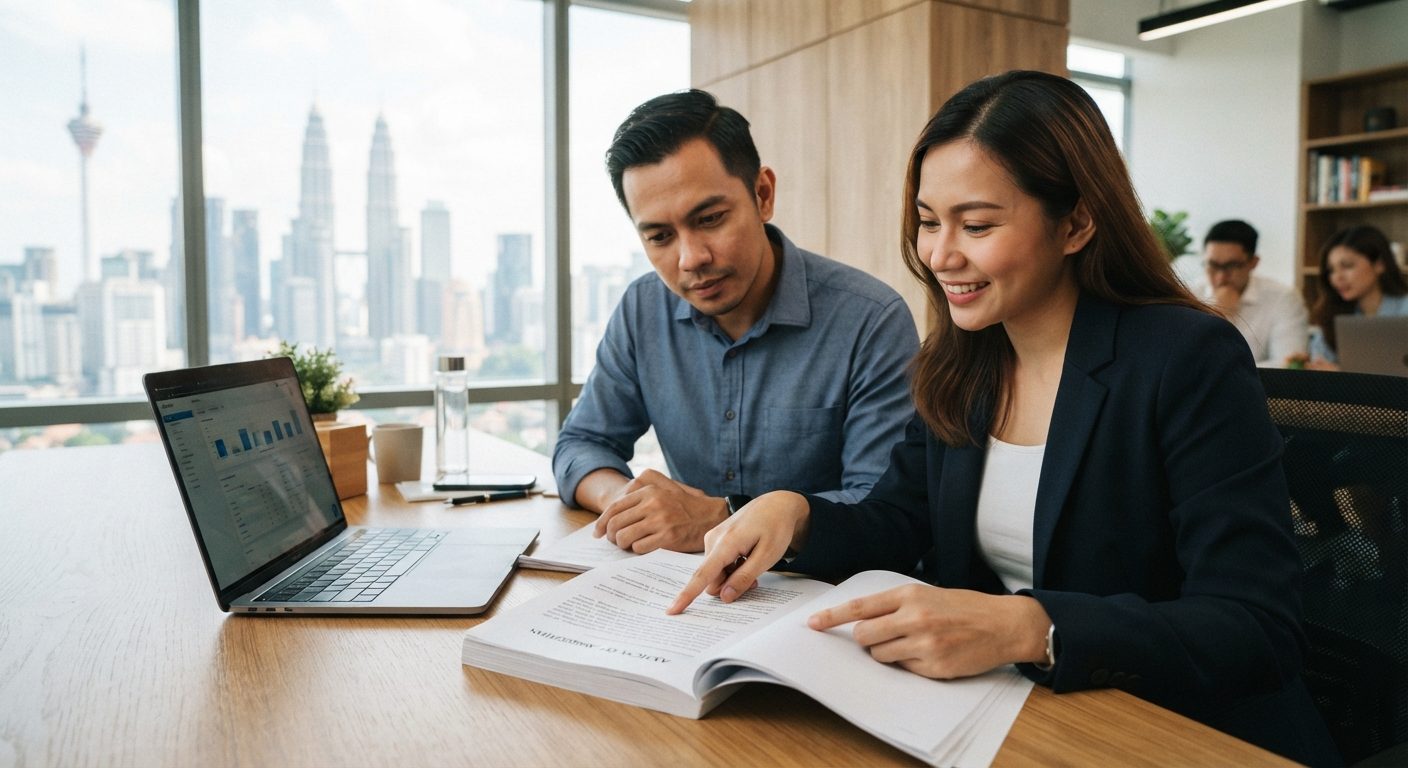 Two Zazz advisers reviewing company documents at an office in Kuala Lumpur
